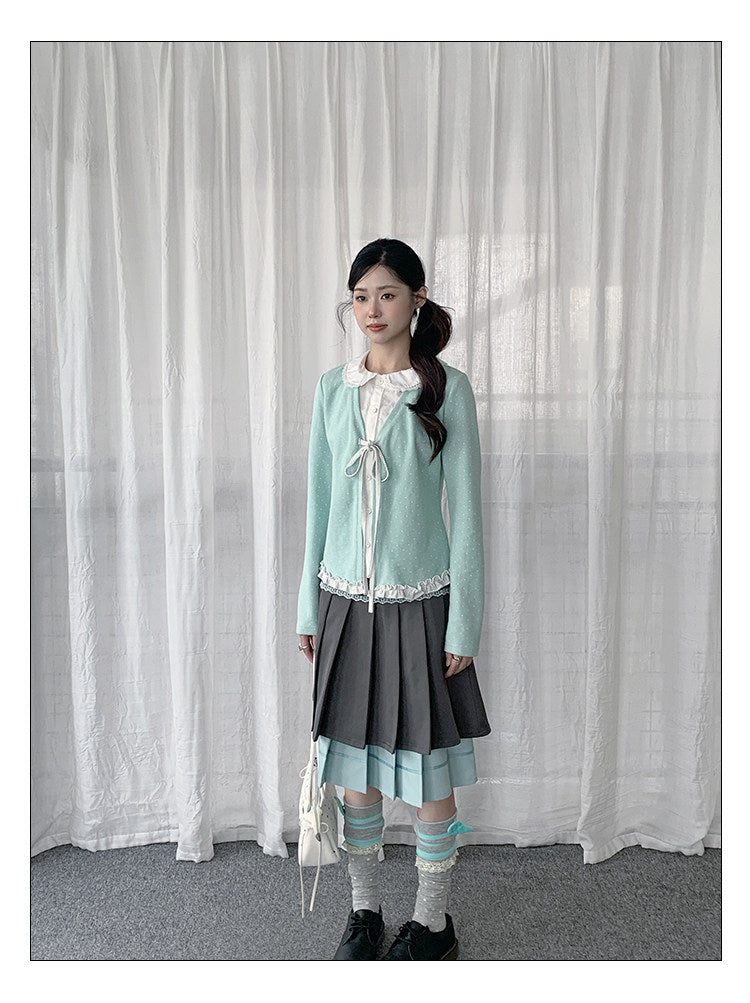 Polka Dot Lace-Collar Layered Tie Long Sleeve Top