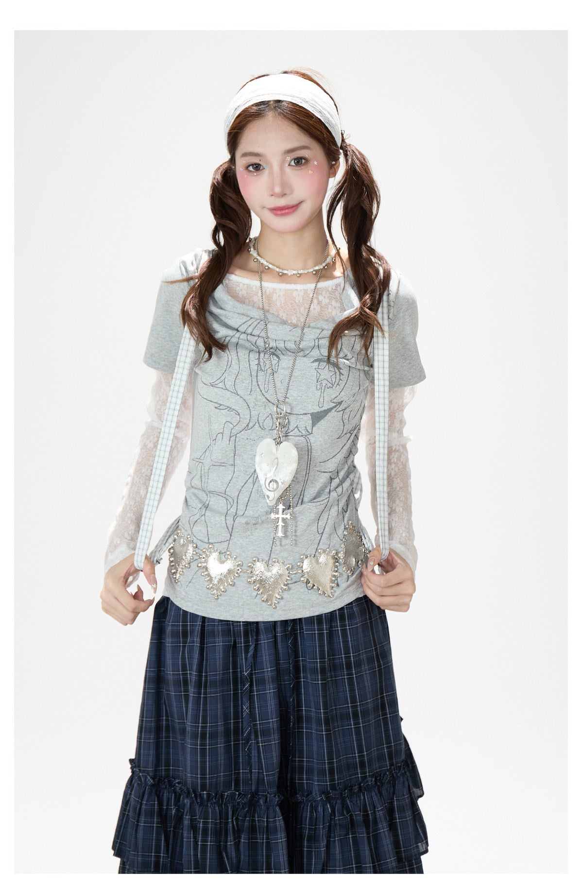 Lace Layered Cowl Neck Graphic Top & Navy Plaid Tiered Midi Skirt