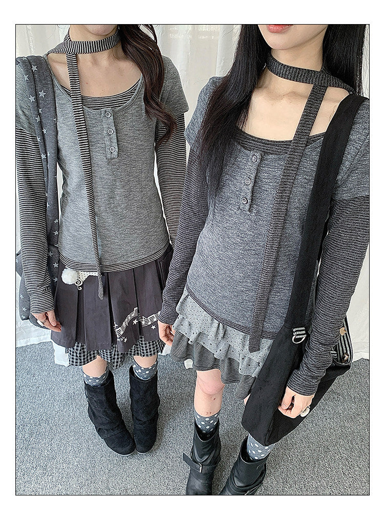 Striped Layered Henley Long Sleeve Top with Neck Tie