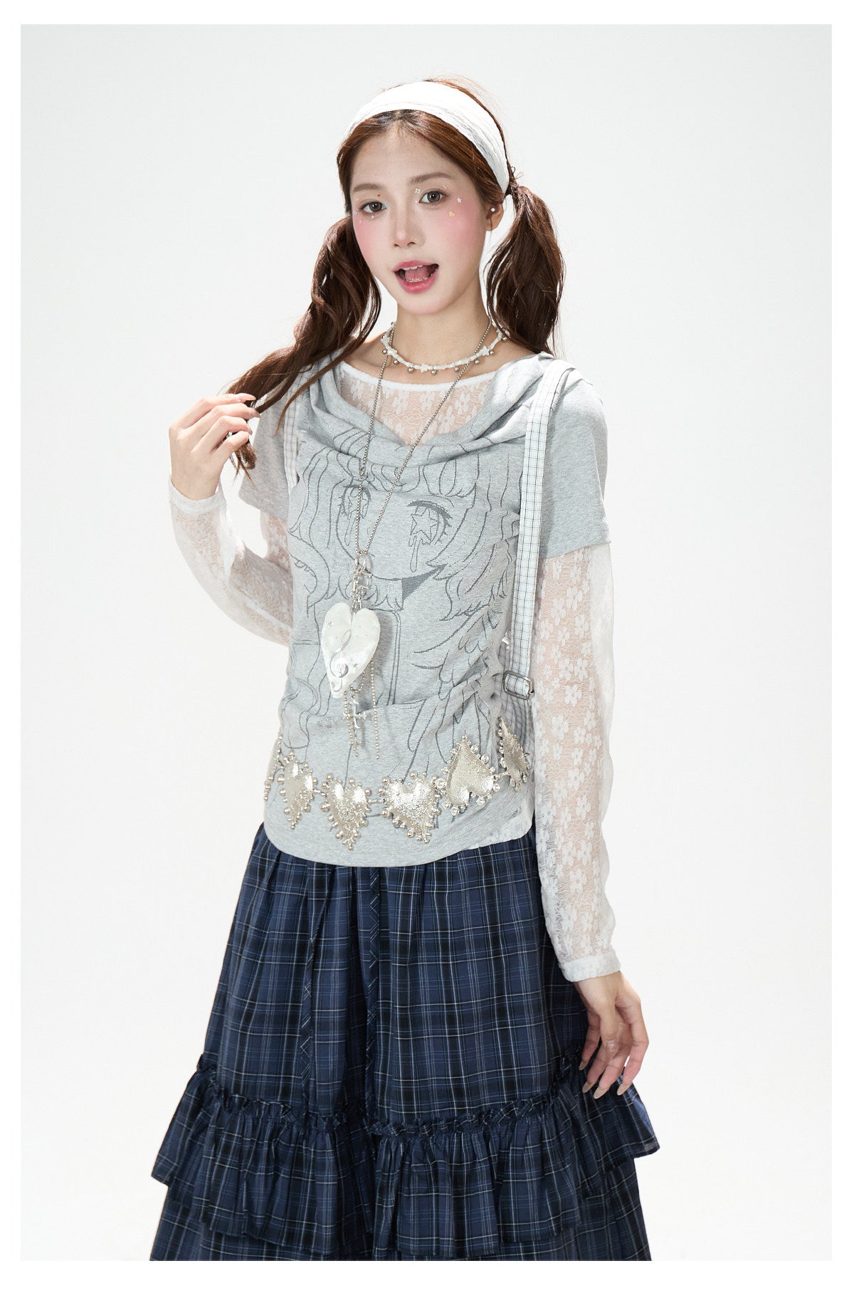 Lace Layered Cowl Neck Graphic Top & Navy Plaid Tiered Midi Skirt
