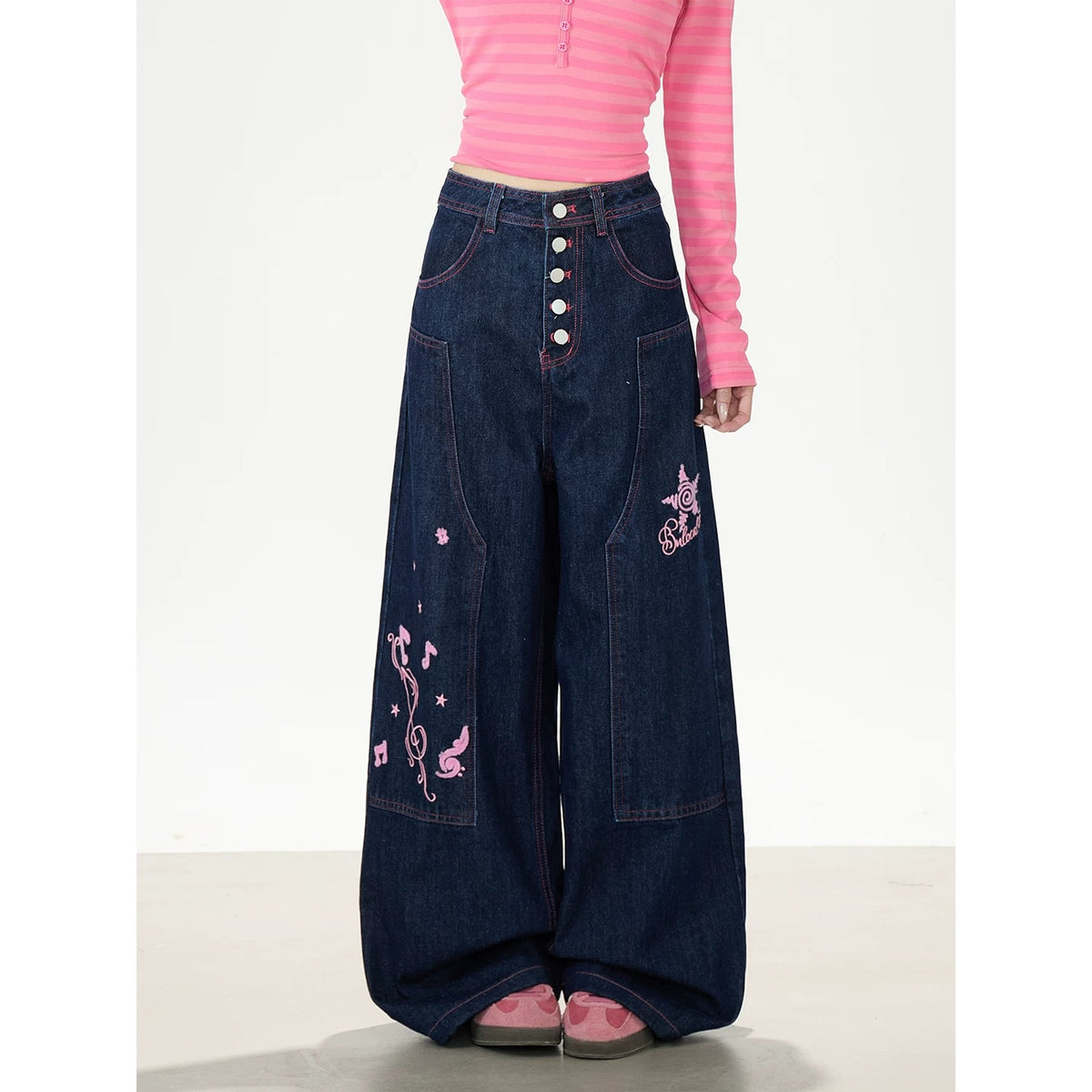Pink Stripe Layered Long Sleeve Top & Music Note Star Embroidered Wide-Leg Jeans