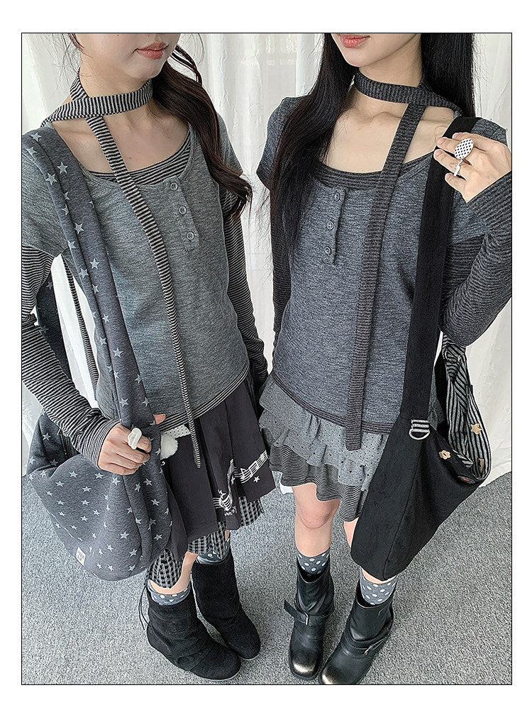 Striped Layered Henley Long Sleeve Top with Neck Tie