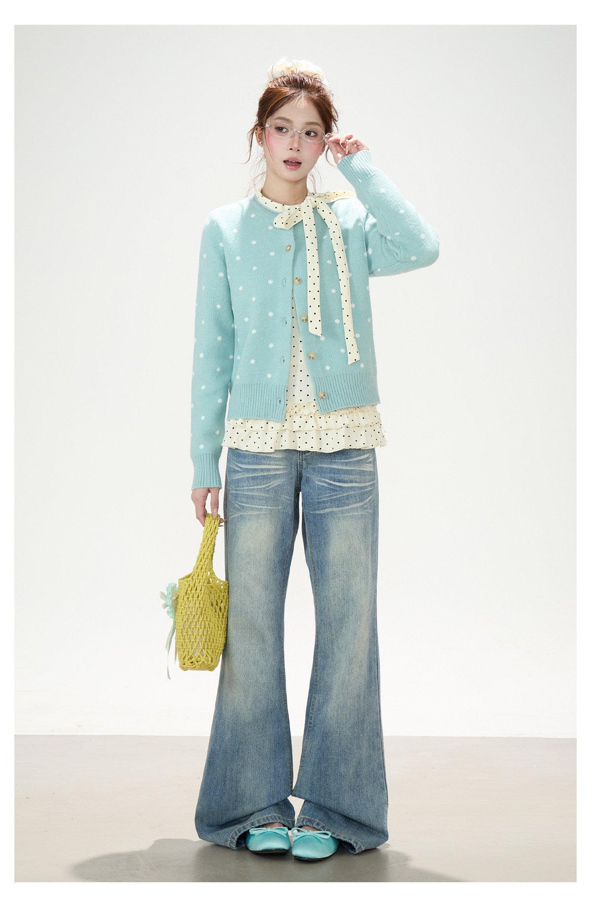 Polka-Dot Bow Ruffle-Hem Long Sleeve Top & Washed Flare Jeans