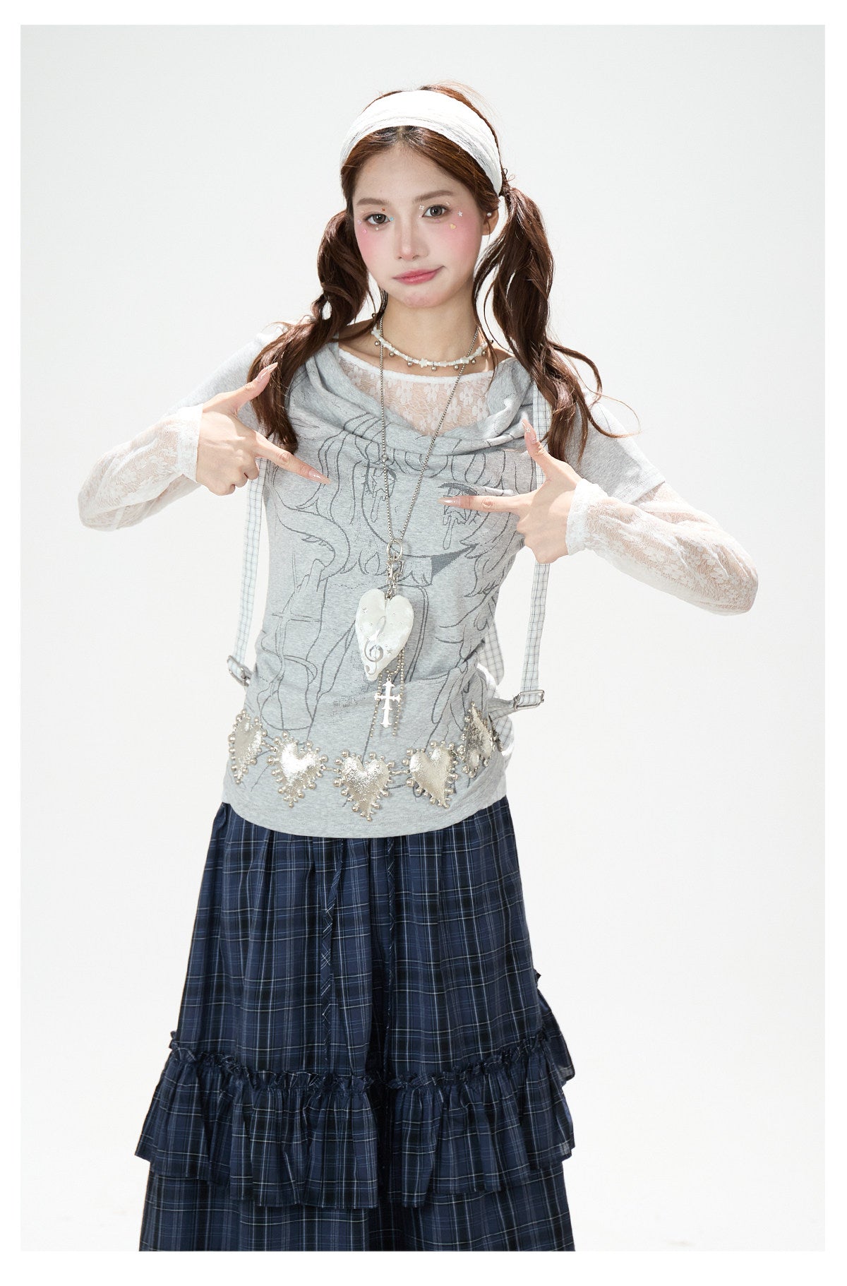 Lace Layered Cowl Neck Graphic Top & Navy Plaid Tiered Midi Skirt