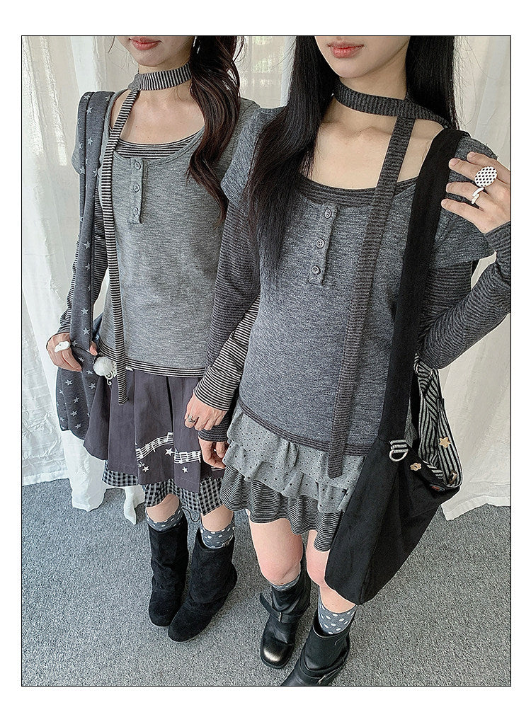 Striped Layered Henley Long Sleeve Top with Neck Tie