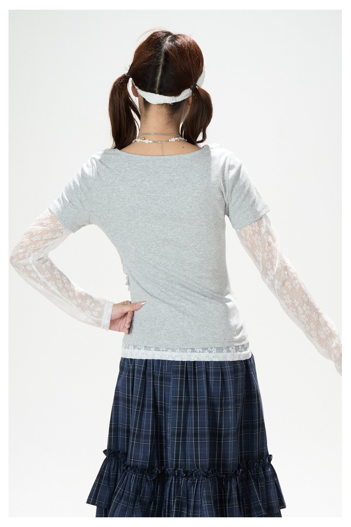 Lace Layered Cowl Neck Graphic Top & Navy Plaid Tiered Midi Skirt