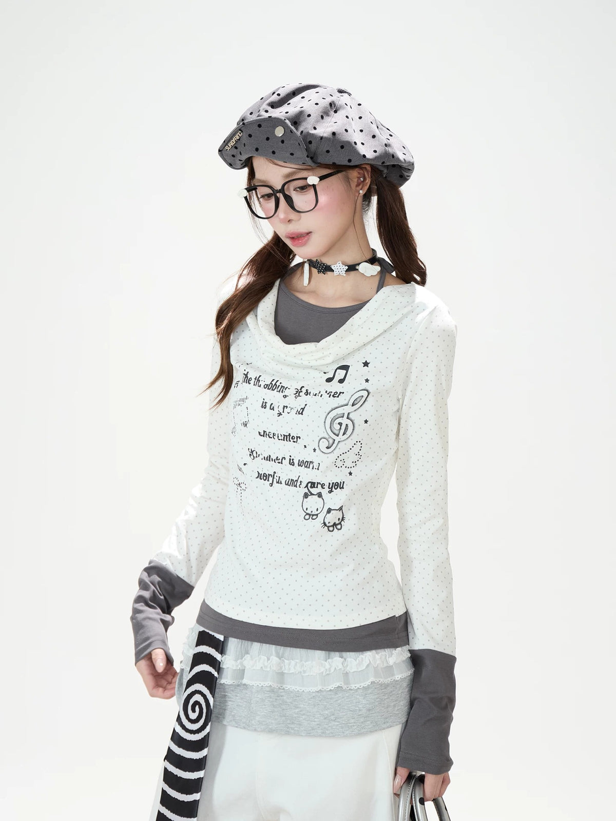 Music Note Cat Polka-Dot Layered Long Sleeve Top & White Wide-Leg Pants