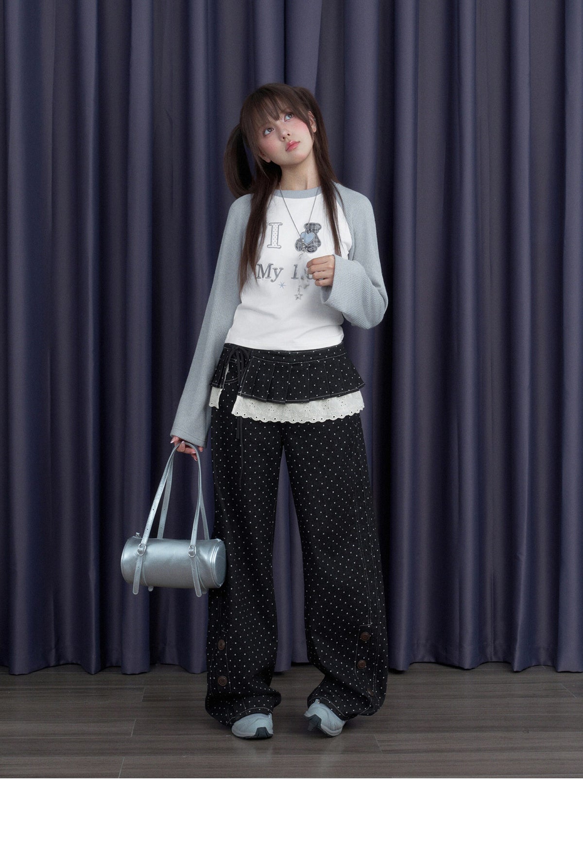 Polka Dot Wide-Leg Jeans & Detachable Lace Layering Skirt
