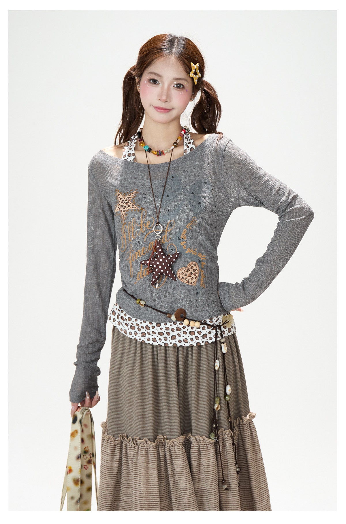 Leopard Faux-Layer Graphic Long Sleeve Top & Striped Tiered Ruffle Midi Skirt