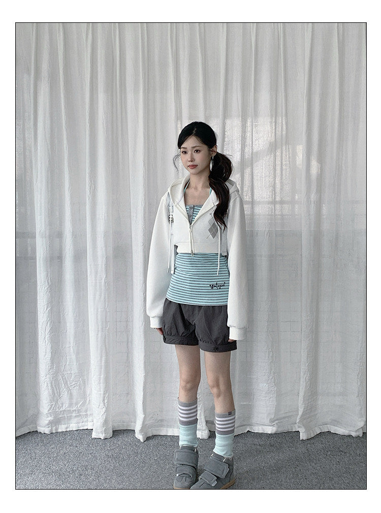 Striped Cami & Cropped Zip Hoodie Two-Piece Set