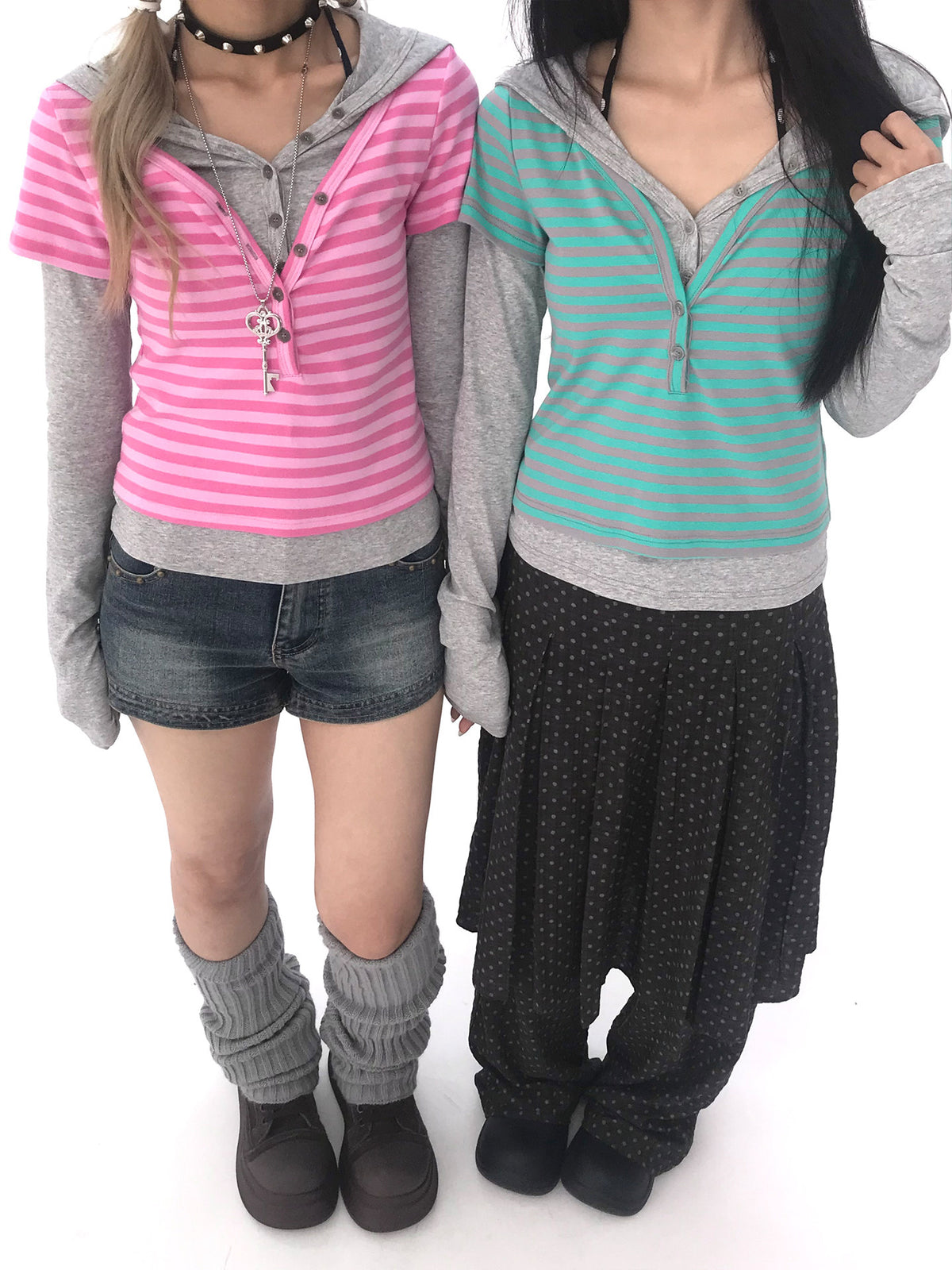 Striped Faux-Layered Hooded Long Sleeve Top