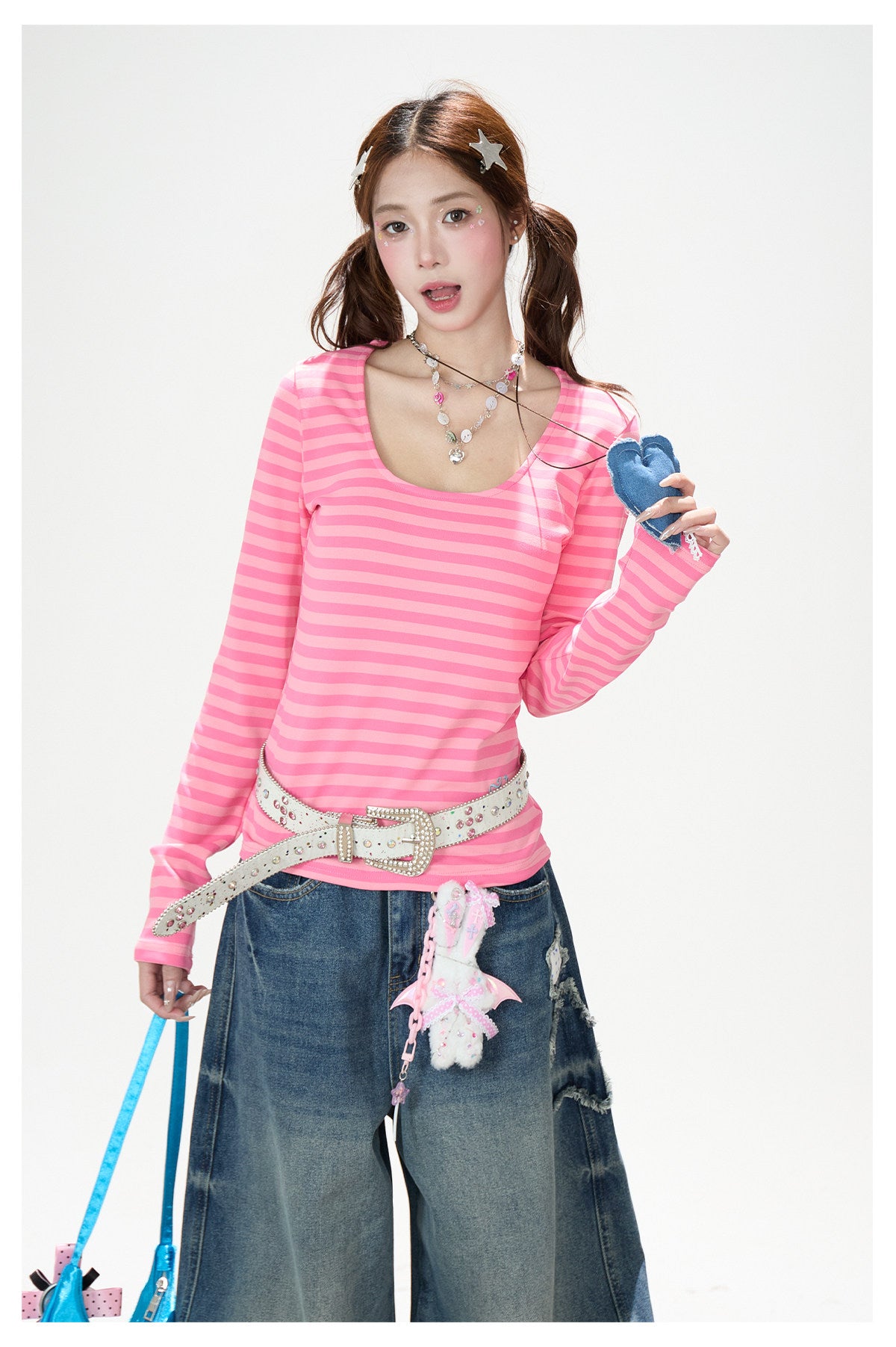 Pink Stripe U-Neck Long Sleeve Top & Star Patch Wide-Leg Jeans