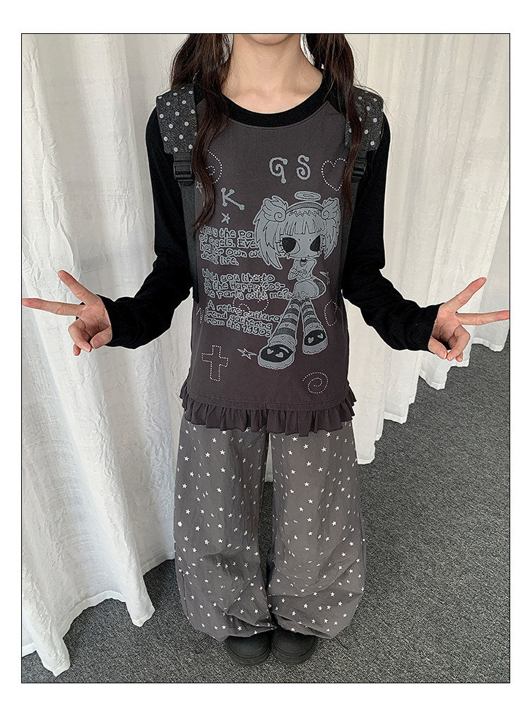 Angel Girl Graphic Raglan Ruffle Long Sleeve Top