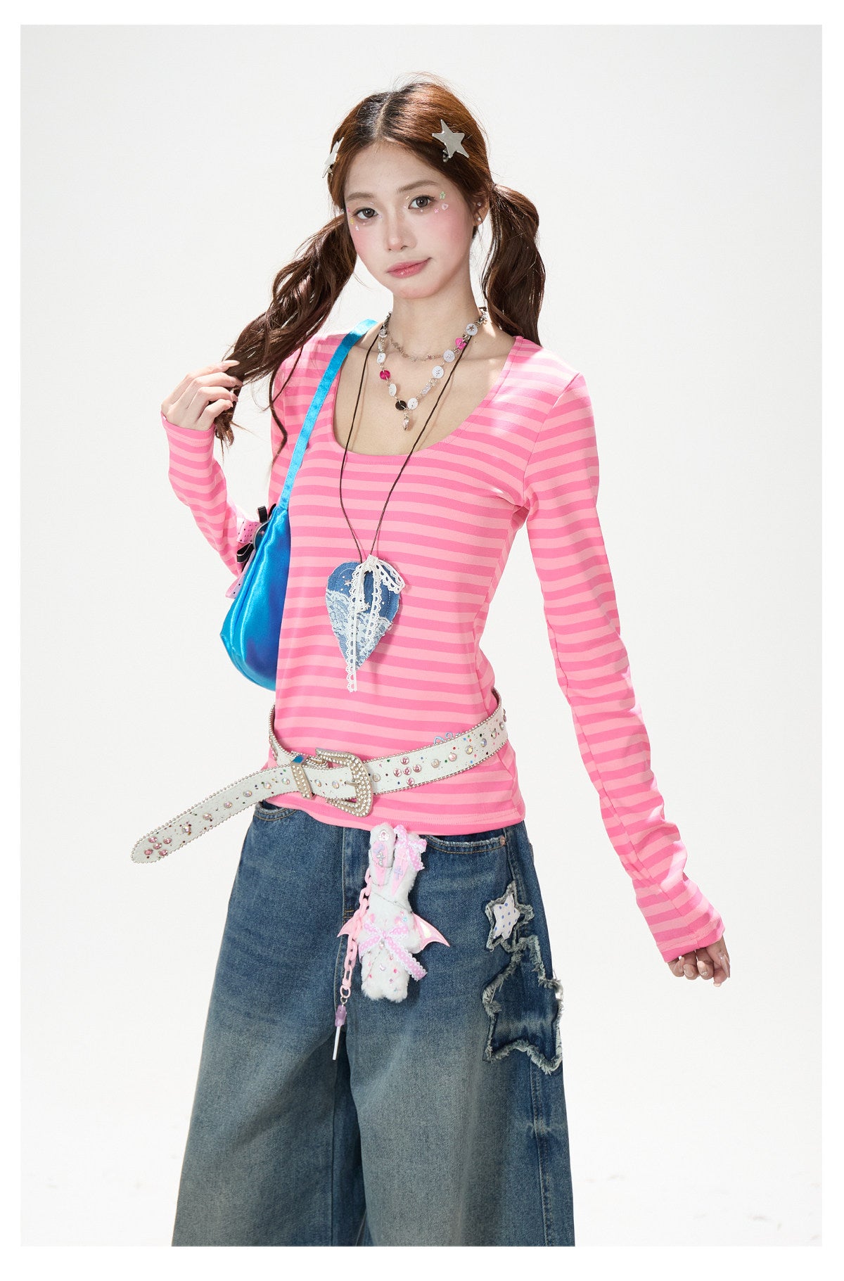 Pink Stripe U-Neck Long Sleeve Top & Star Patch Wide-Leg Jeans