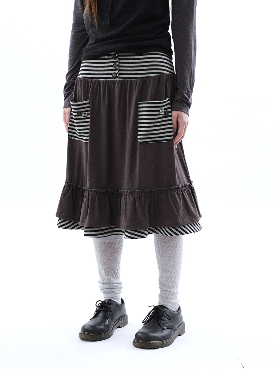 Striped Pocket Ruffle Layered Midi Skirt