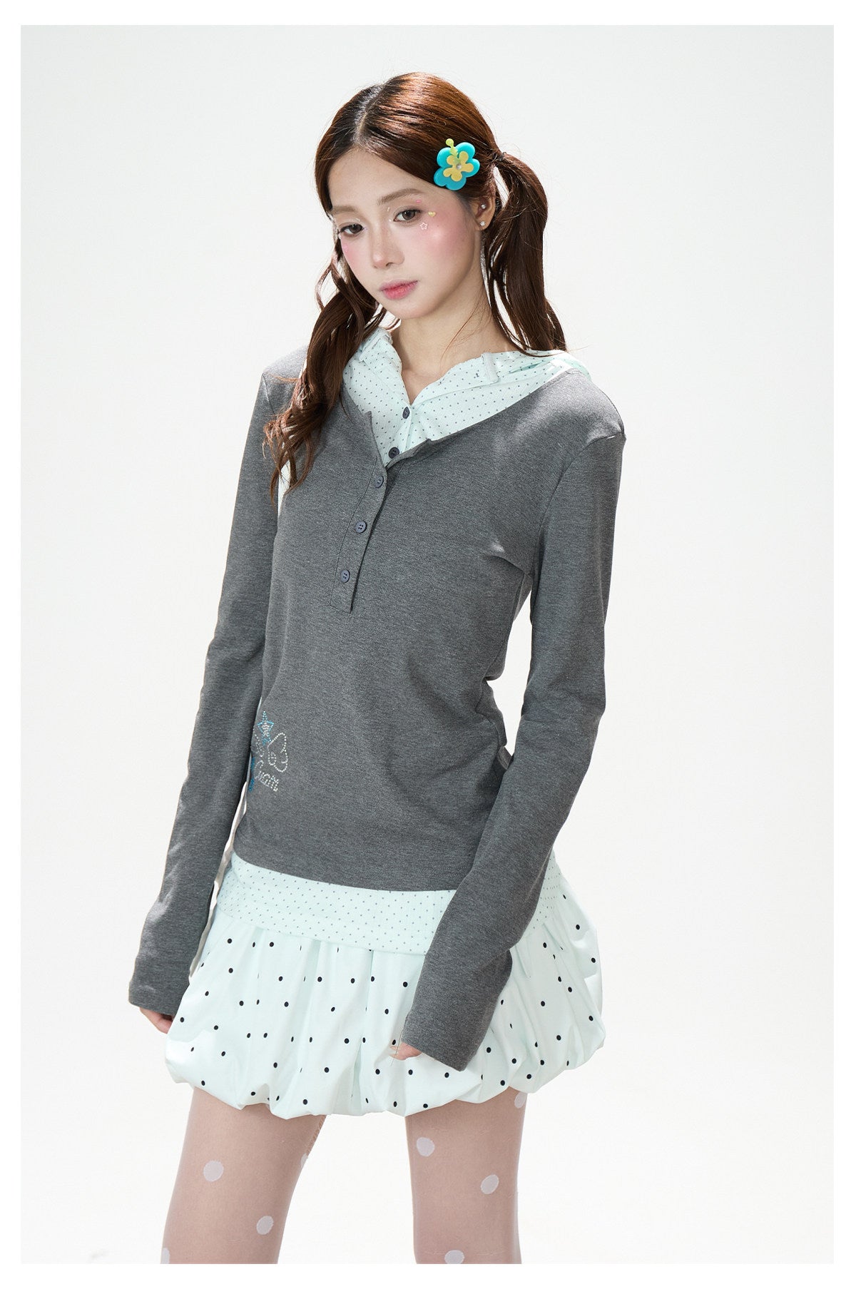 Polka Dot Layered Hooded Long Sleeve Top & Lace-Trim Bubble Mini Skirt