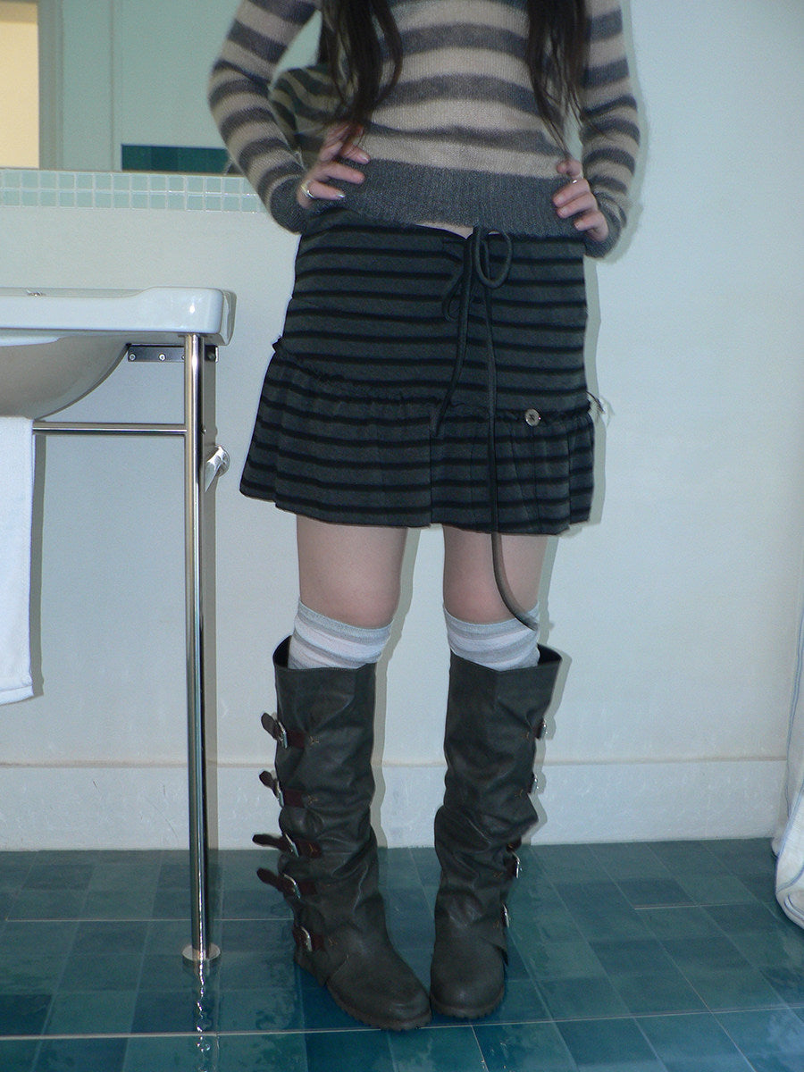 Striped Pleated Tie-Waist Mini Skirt