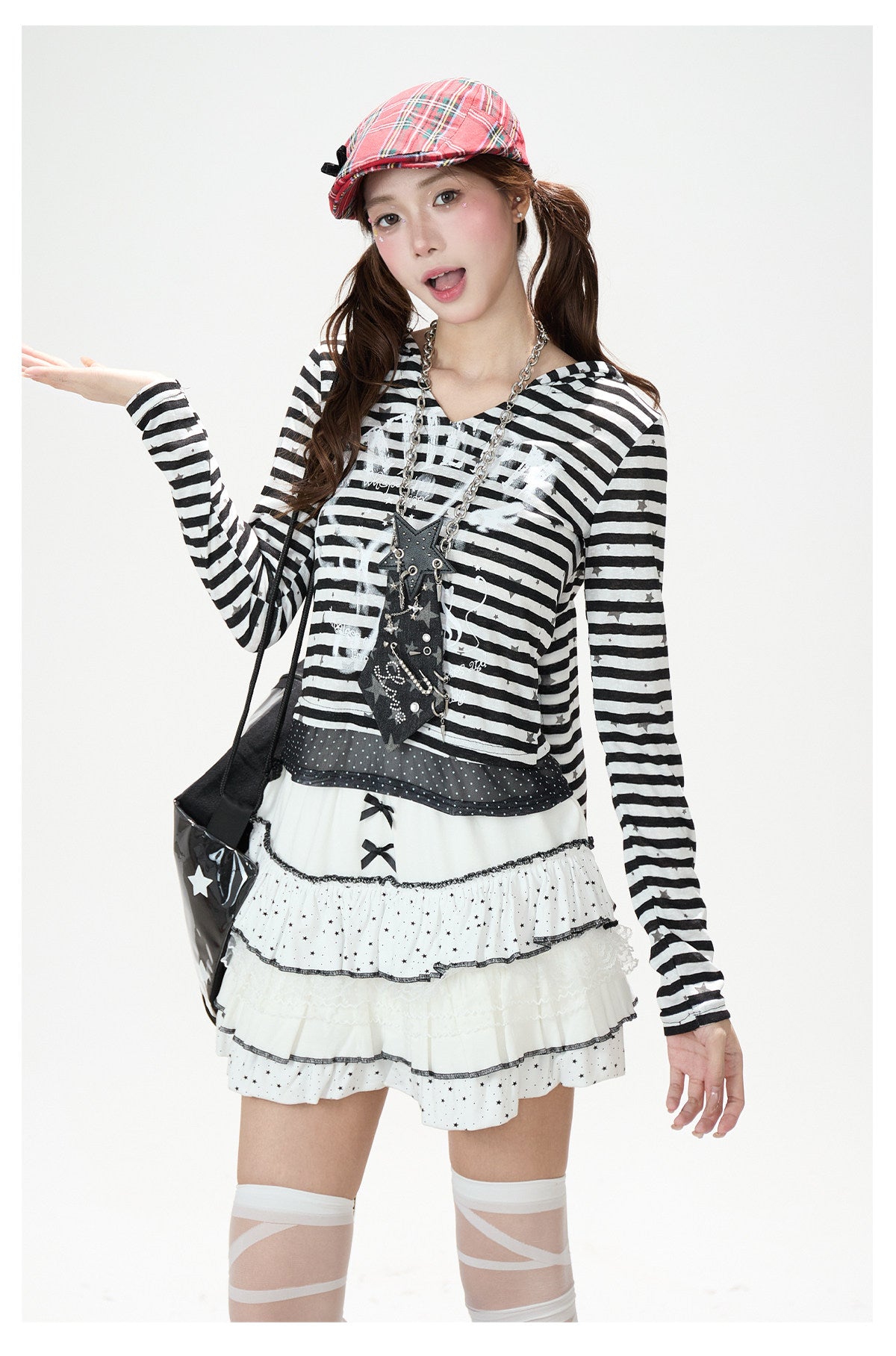 Star Stripe Bunny-Ear Hooded V-Neck Long Sleeve Top