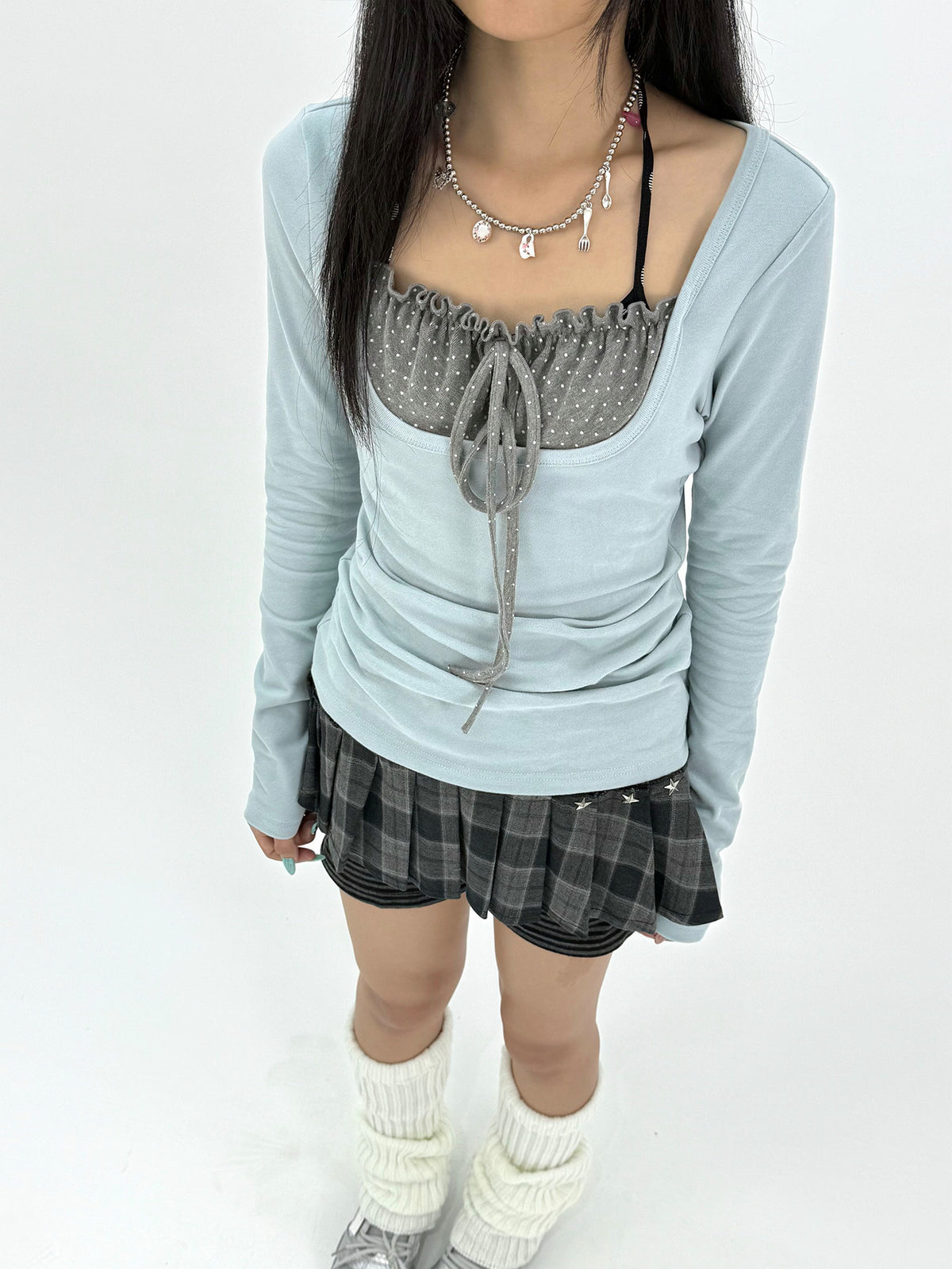 Polka Dot Tie-Front Layered Long Sleeve Top