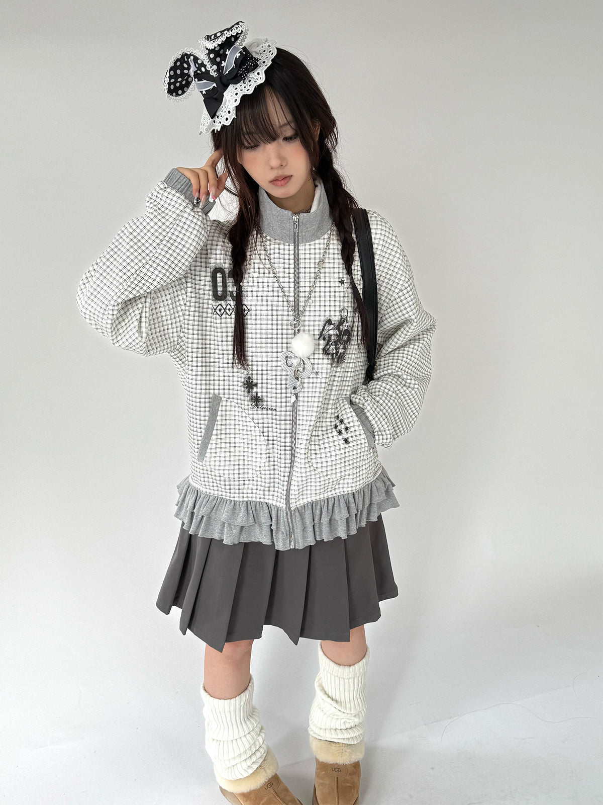 Sugar Check Graphic Ruffle-Hem Zip-Up Jacket
