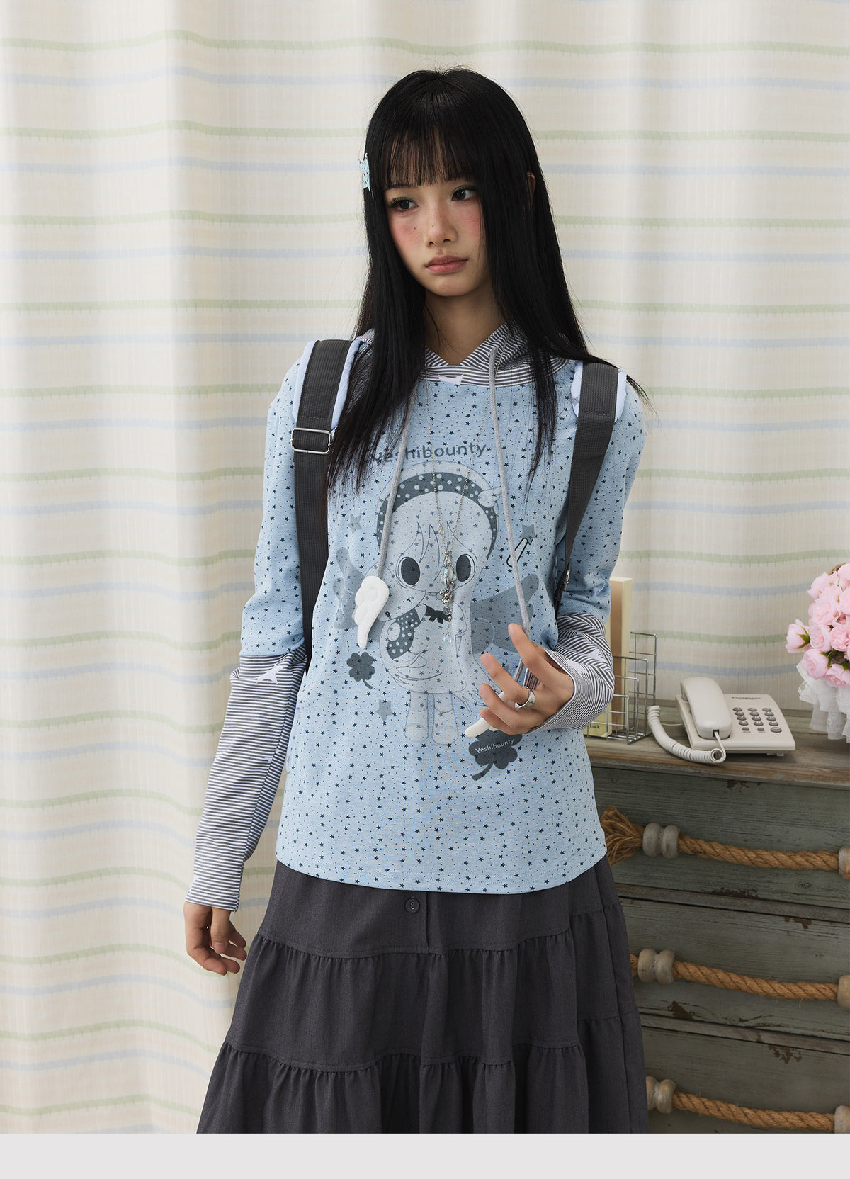 Cartoon Star Print Faux-Layer Hooded Top
