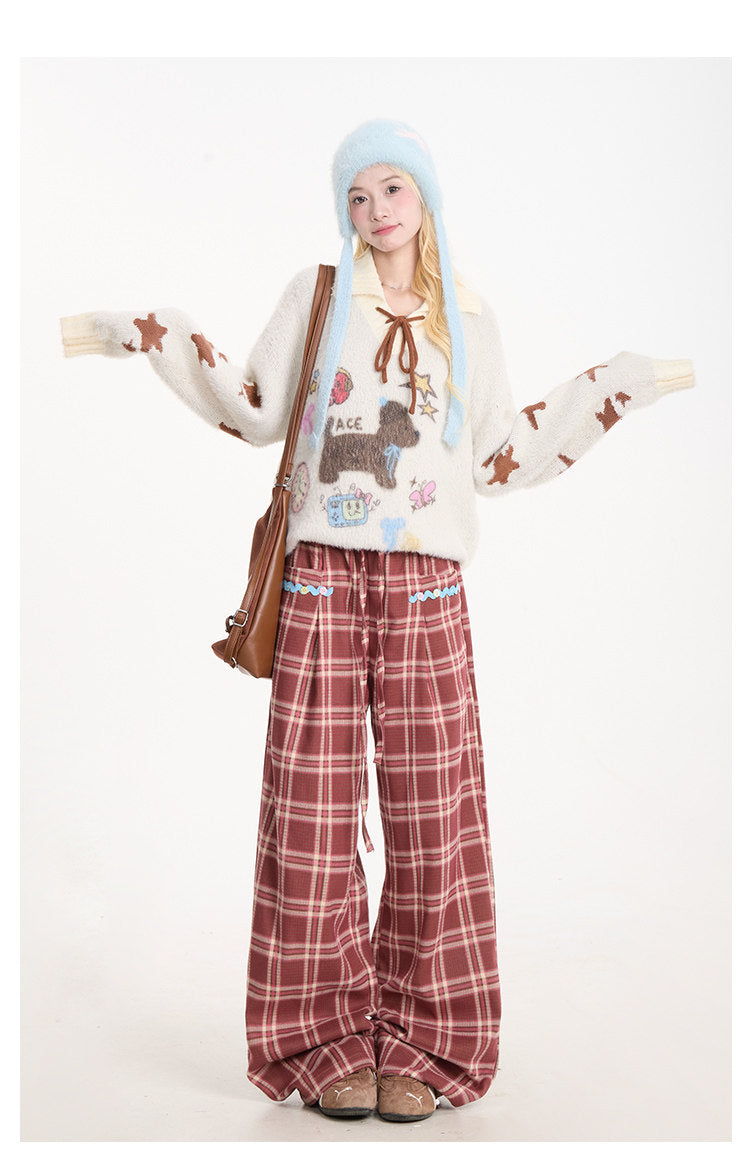 Puppy Graphic Bow-Collar Oversized Knit Sweater