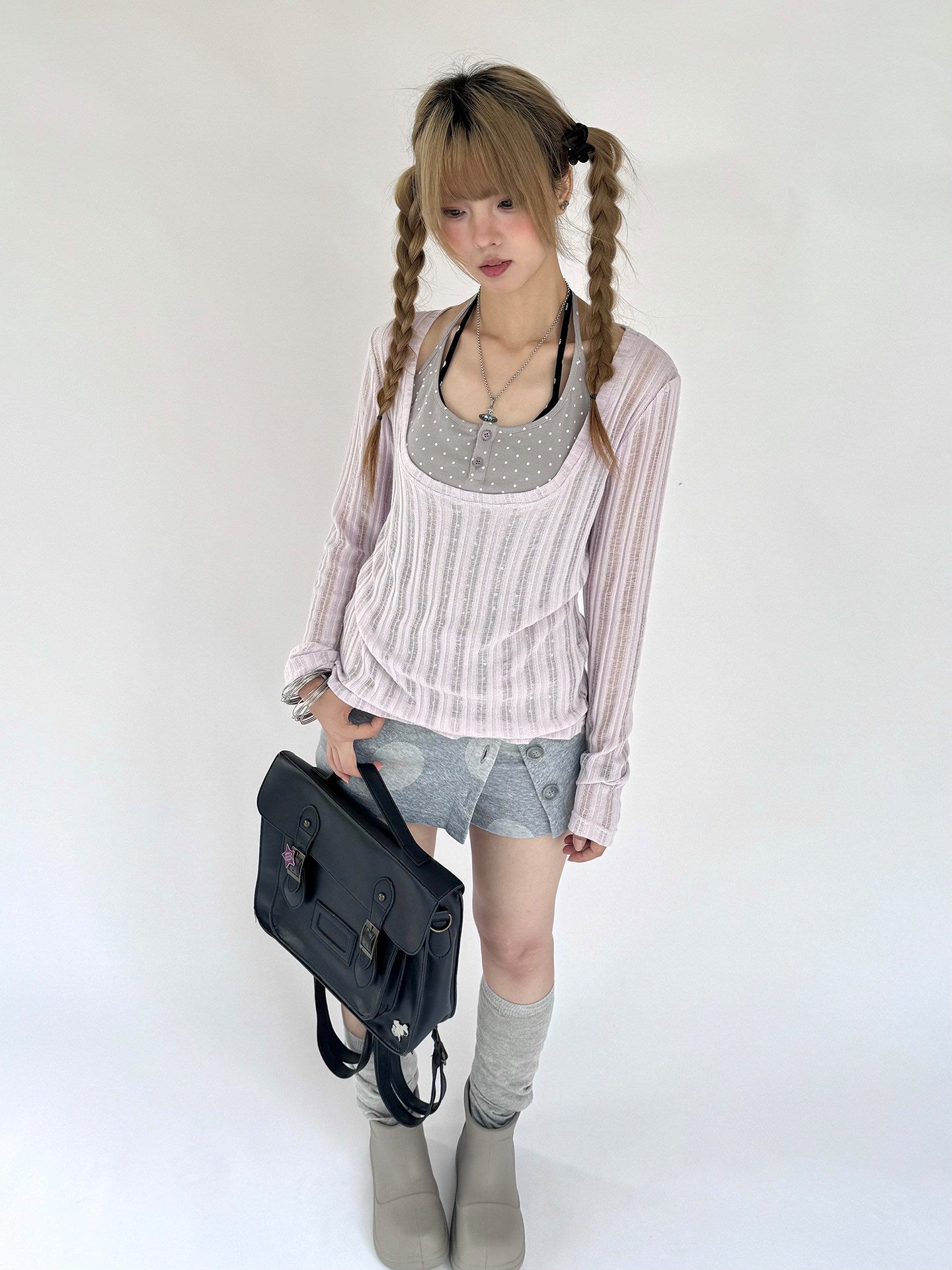 Wisteria Open-Knit Faux-Layer Long Sleeve Top