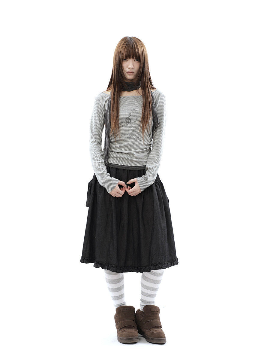 Washed Black Ruffle-Tiered Denim Midi Skirt