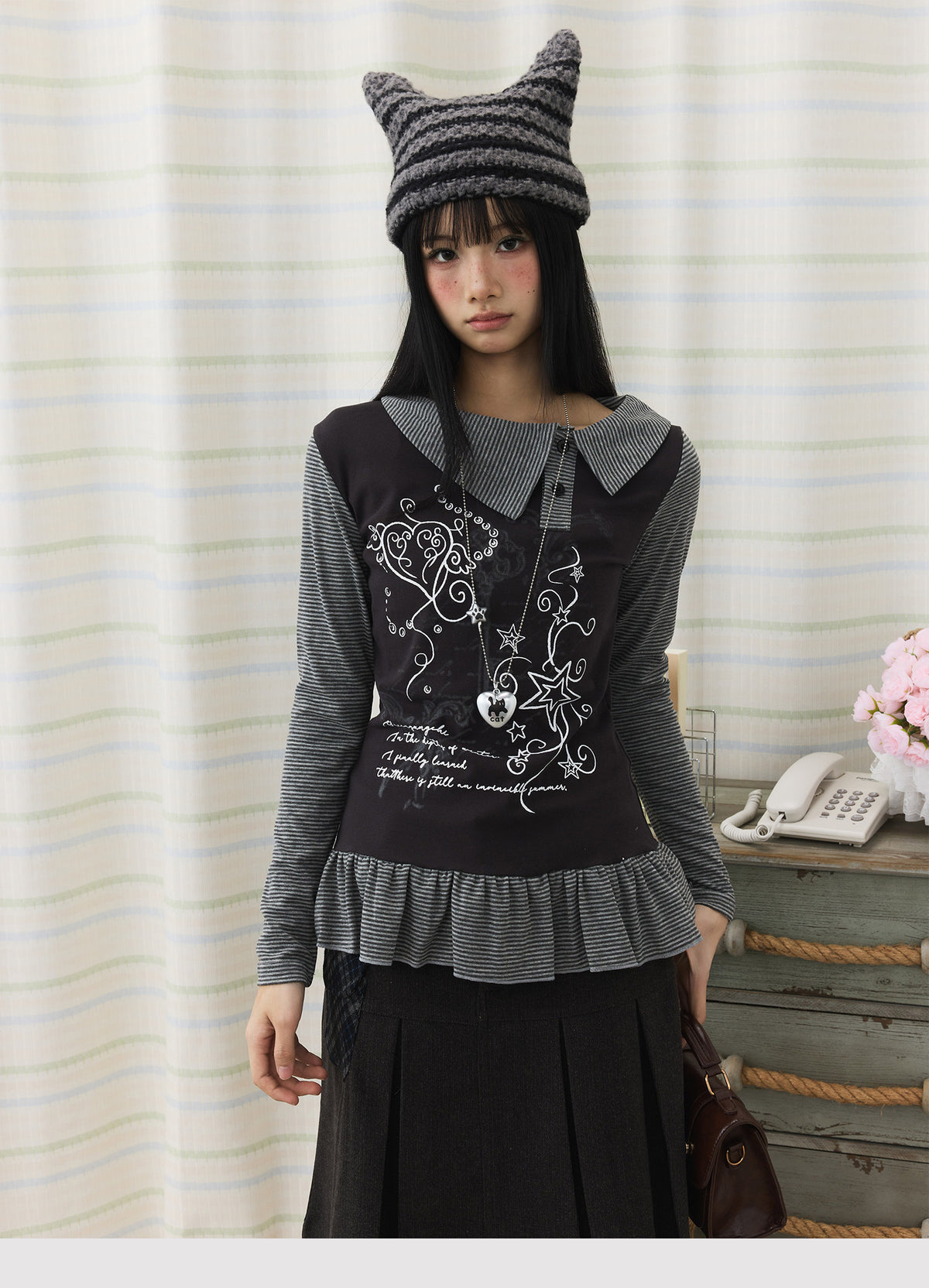 Graphic Stripe Faux-Layer Ruffle-Hem Long Sleeve Top