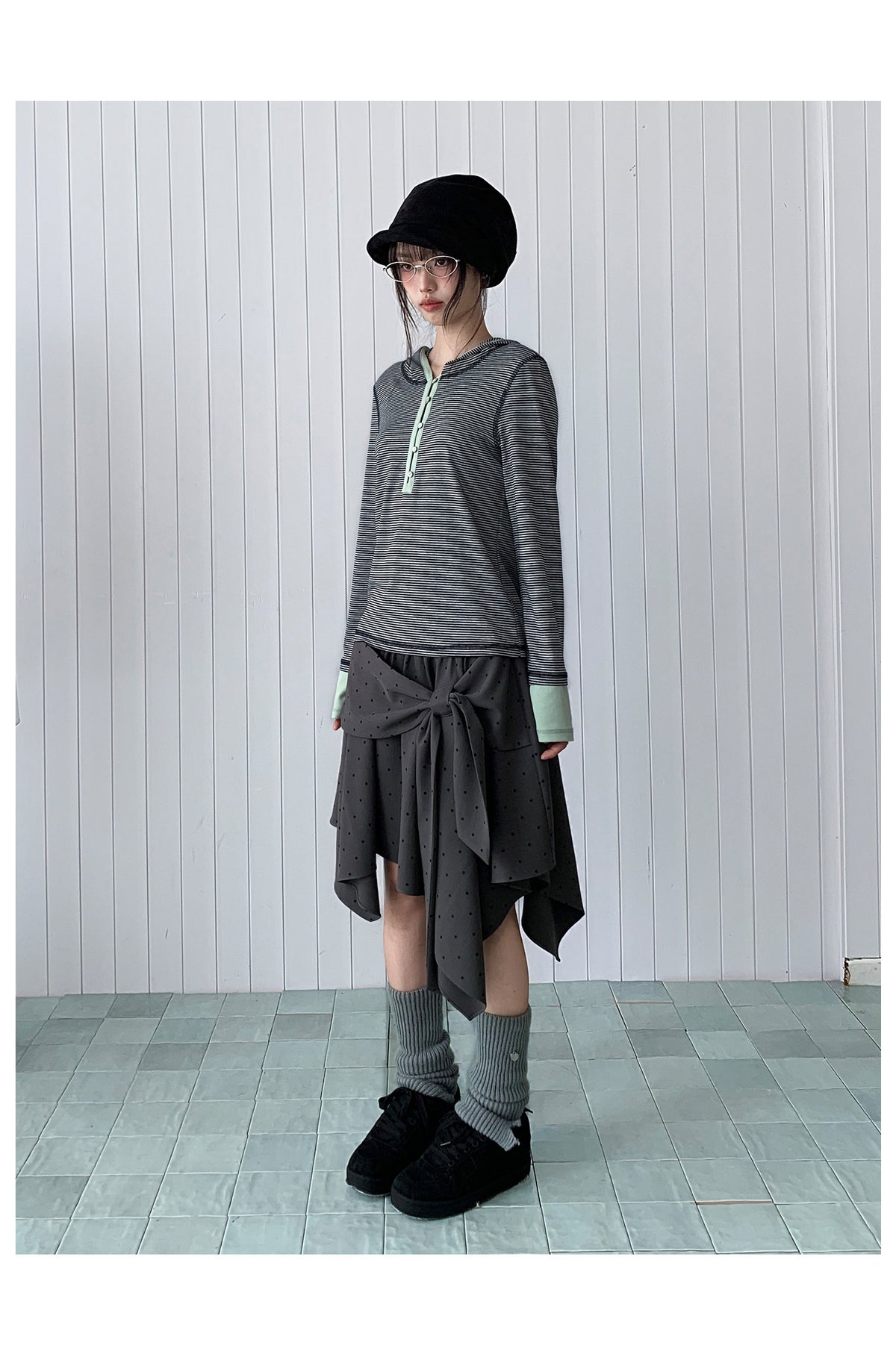 Blue-Gray Stripe Contrast Hooded Long Sleeve Top