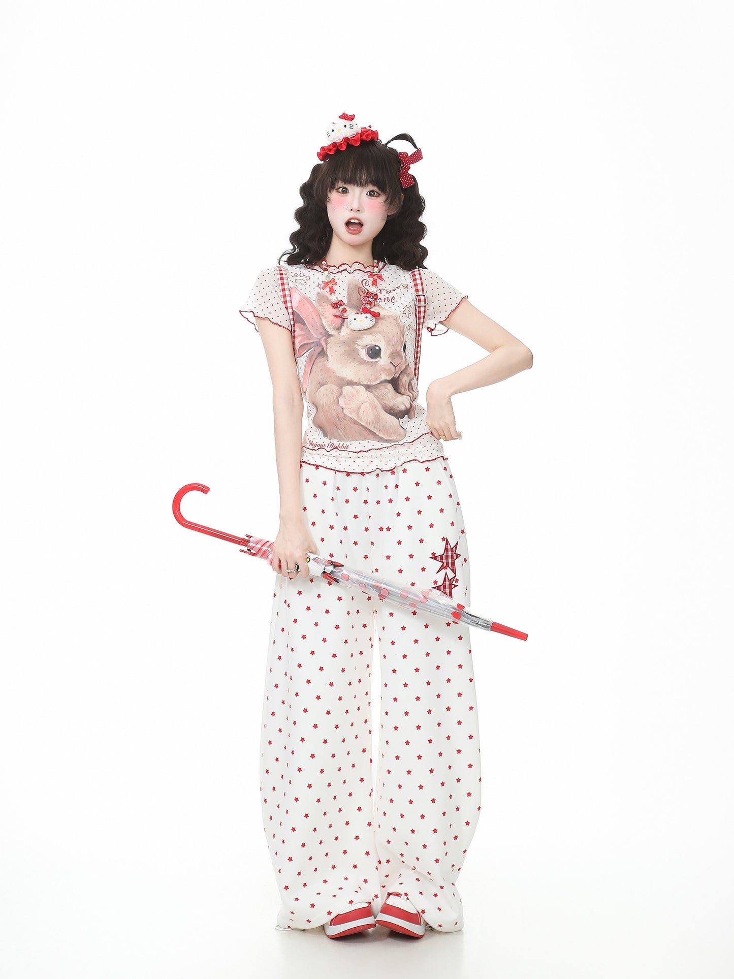 Ribbon Bunny Polka Dot Lettuce-Edge Tee