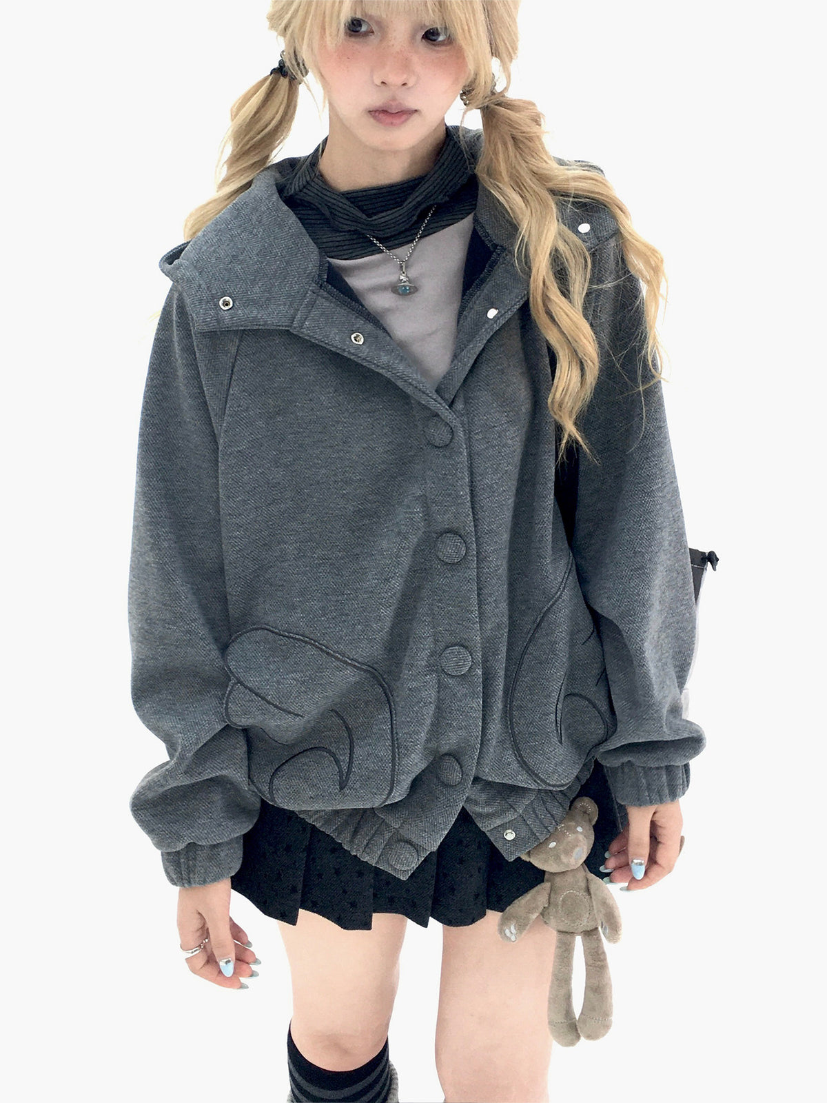 Cloud Gray Cat Ear Wing Pocket Hooded Jacket