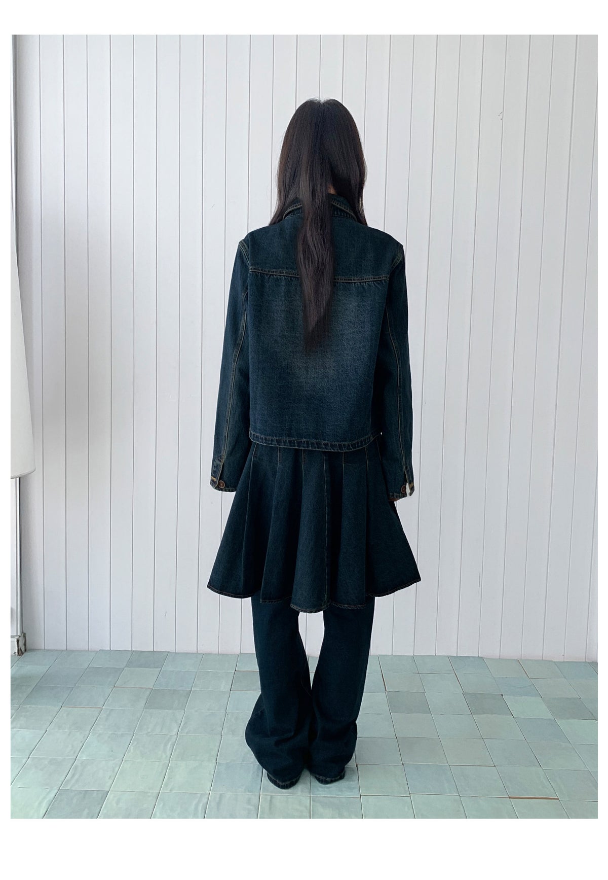Washed Denim Utility Pleated Skirt