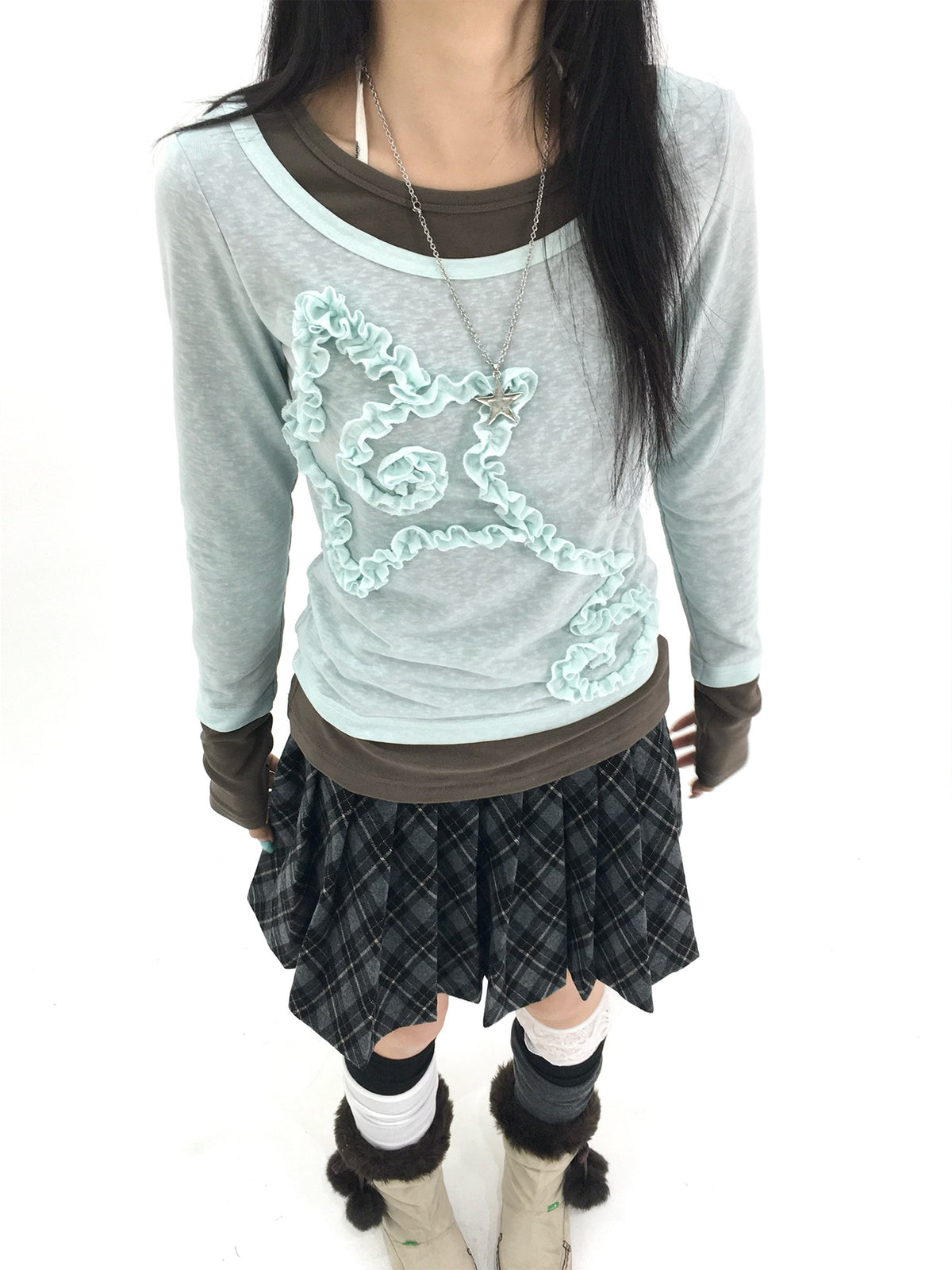 Mist Aqua Ruffle Star Faux-Layer Long Sleeve Top