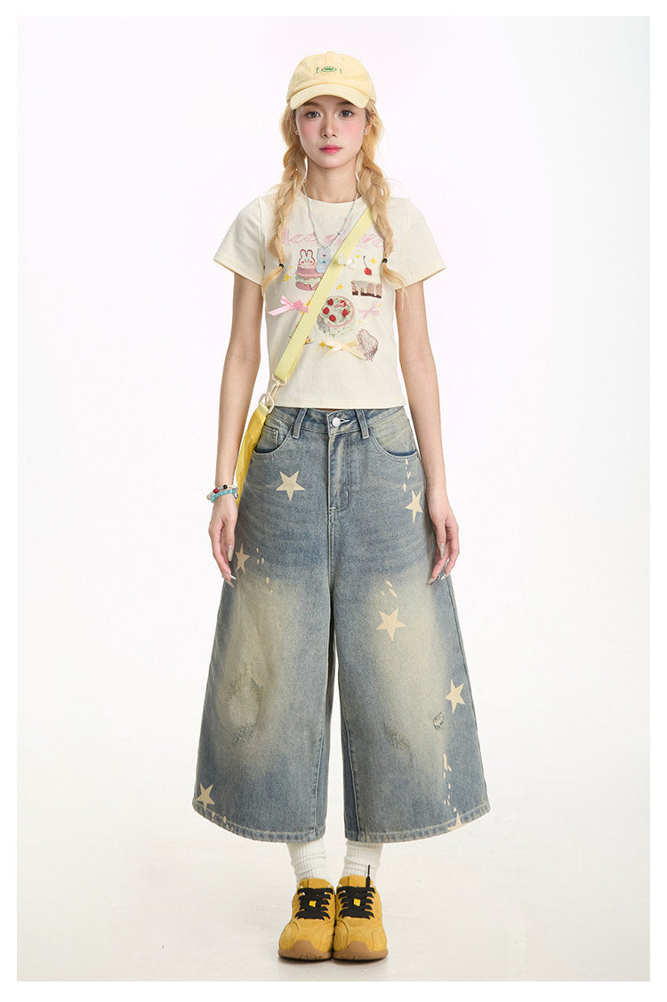 Washed Star Print Wide-Leg Denim Capri Pants