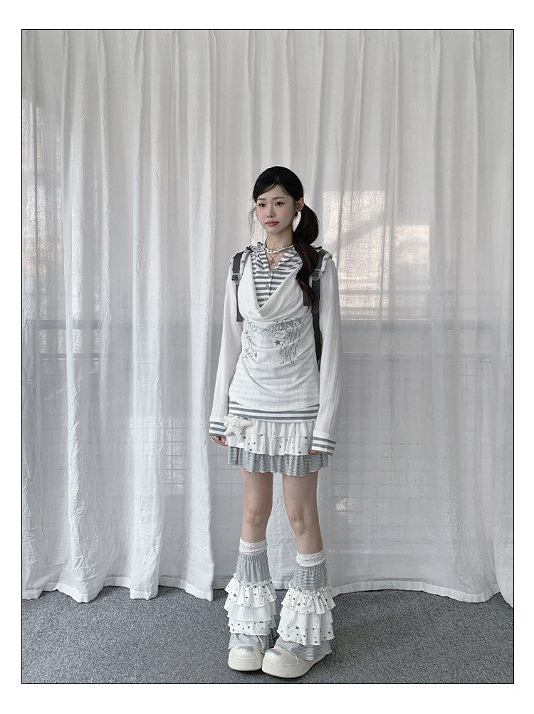 Draped Stripe-Collar Faux-Layer Long-Sleeve Top