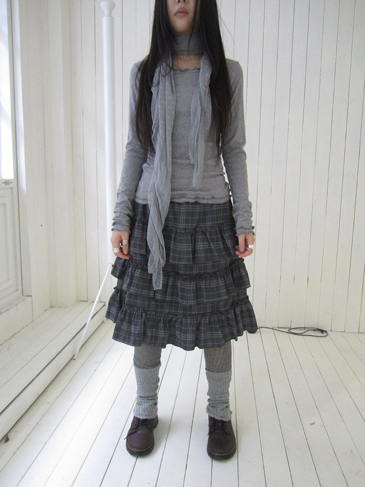 Vintage Gray Plaid Tiered Ruffle Skirt