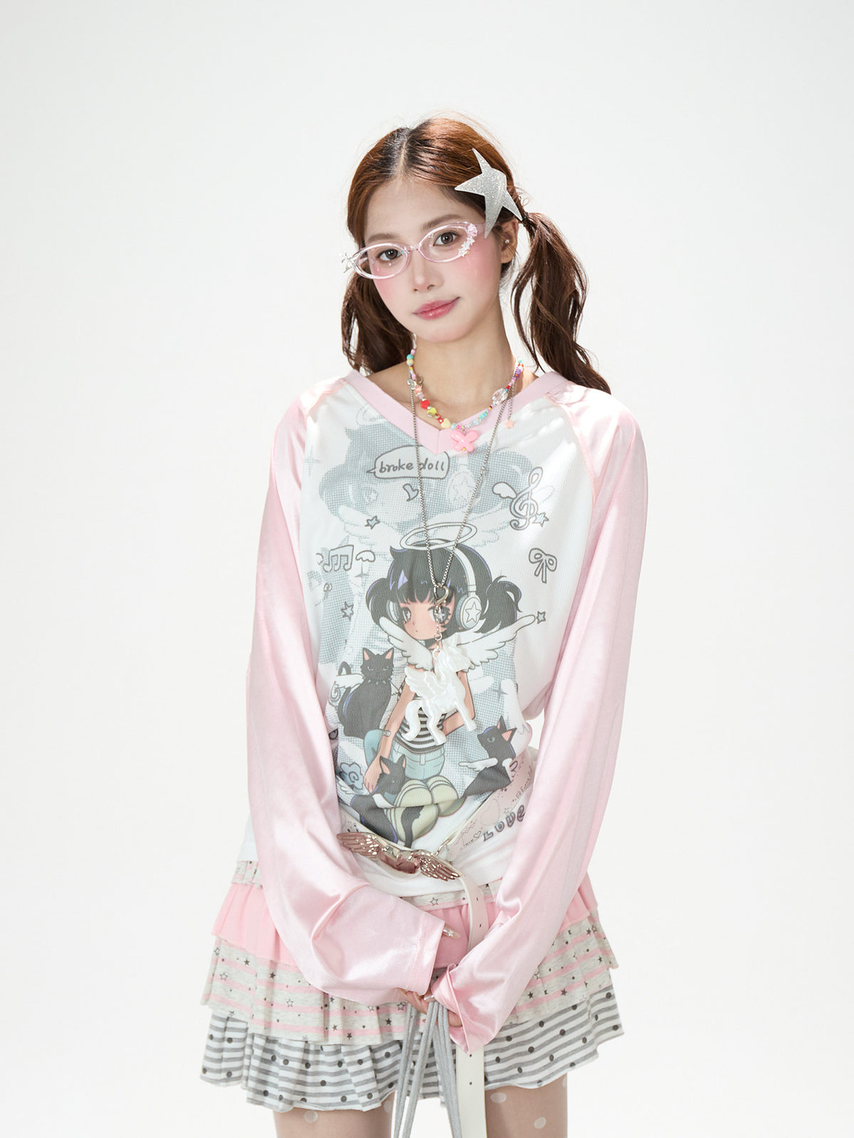 Cartoon Angel Raglan Long Sleeve Top & Black Star Drawstring Shorts