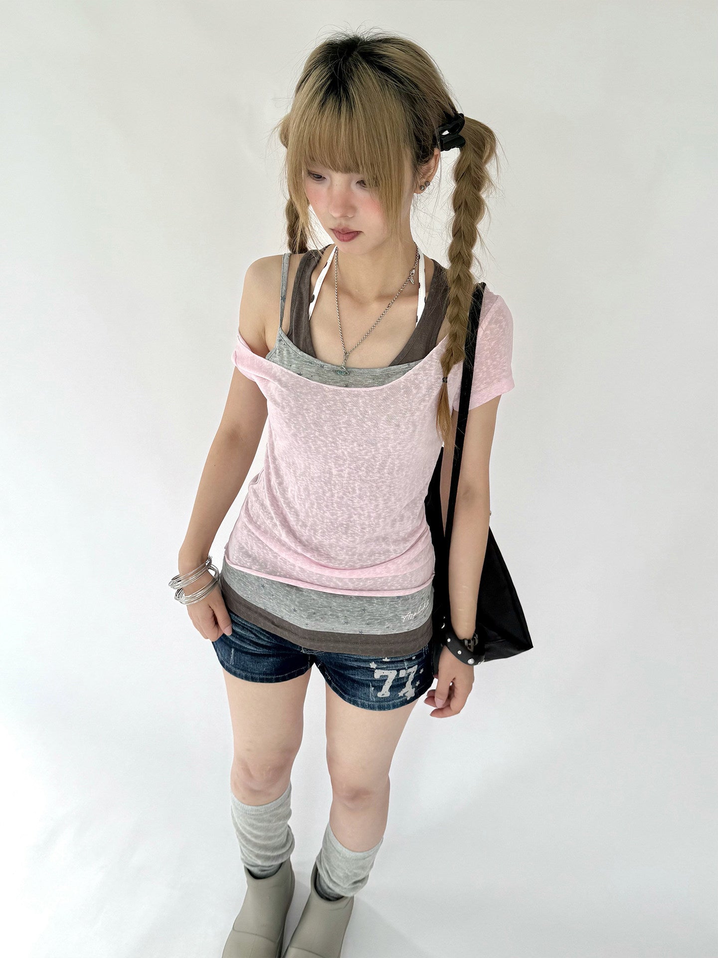 Pink Gray Triple-Layer Fitted Tee