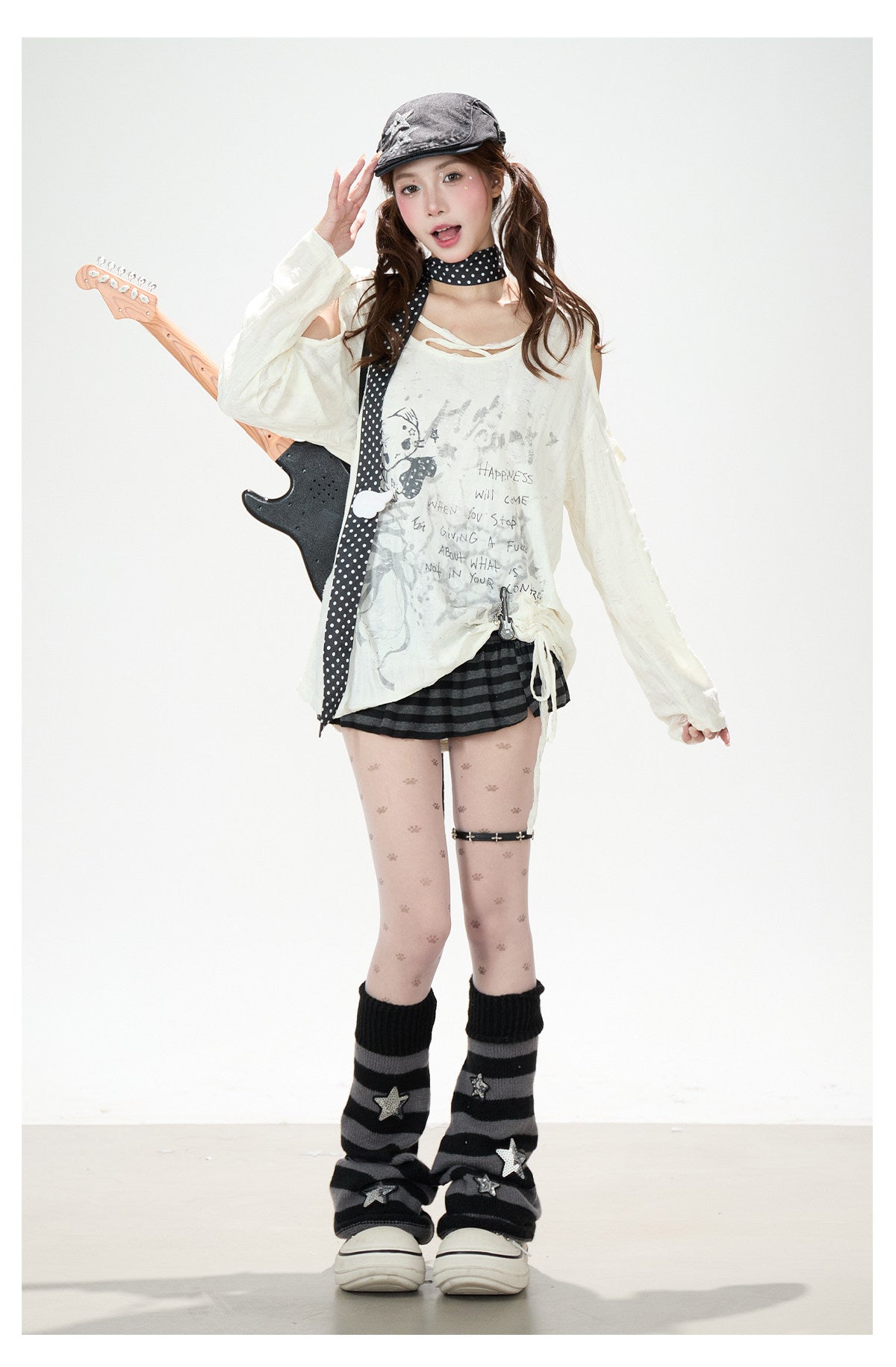 Distressed Cold-Shoulder Graphic Long Sleeve Top & Striped Drawstring Ruffle Mini Skirt