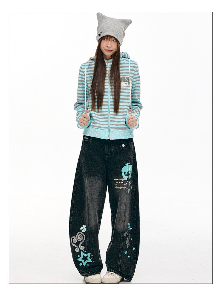Washed Black Cartoon Music Note Barrel-Leg Jeans