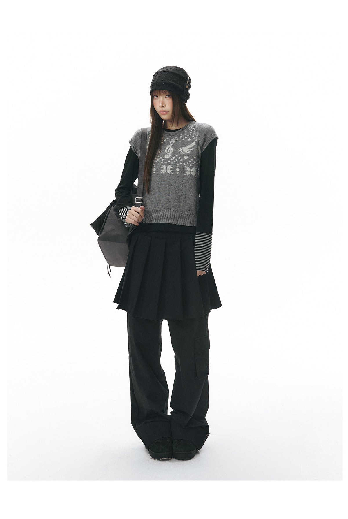 Pleated Skirt-Overlay Cargo Wide-Leg Pants