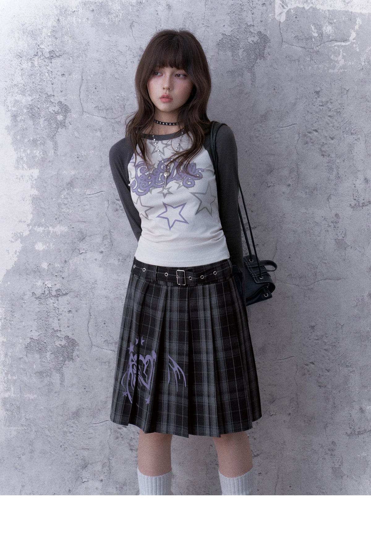 Double-Waist Graphic Plaid Pleated Midi Skirt