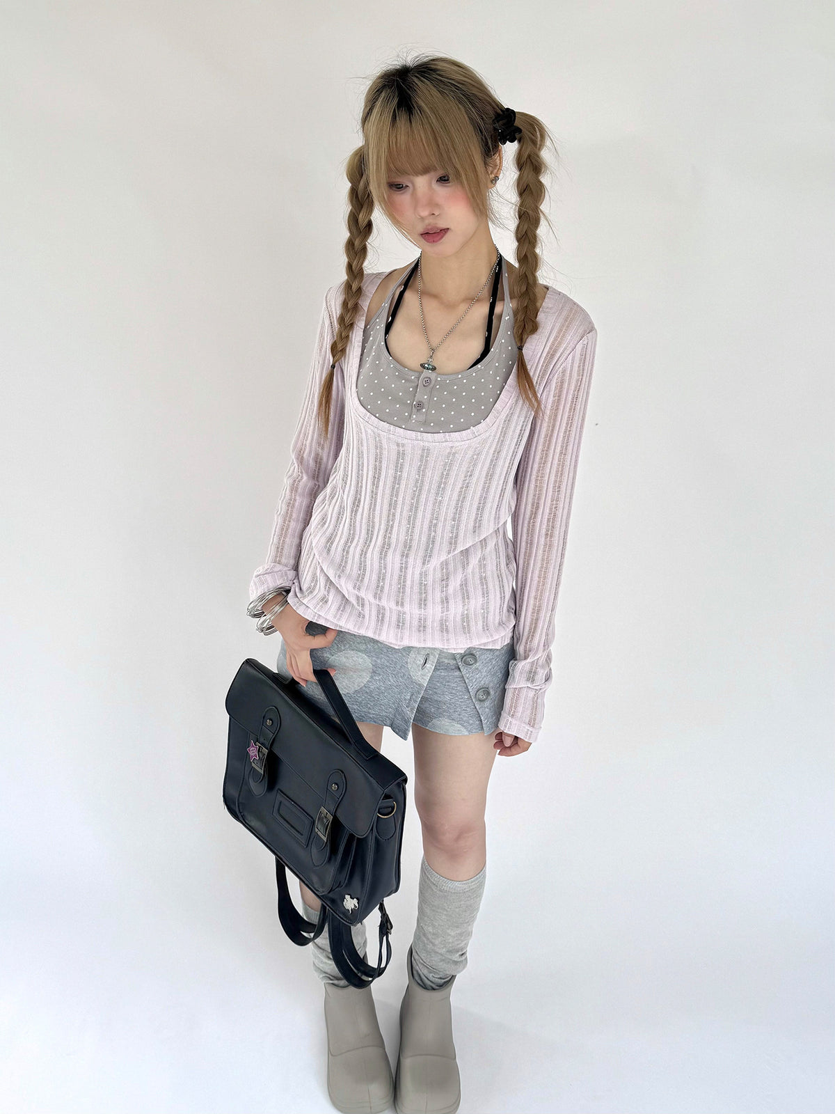 Wisteria Halter-Layered Sheer Long Sleeve Top