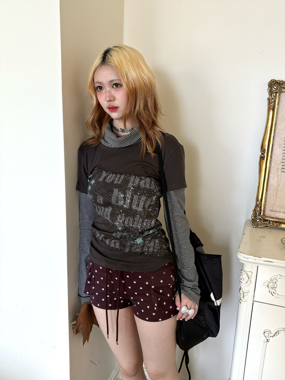 Striped Mock Neck Faux-Layer Graphic Long Sleeve Top