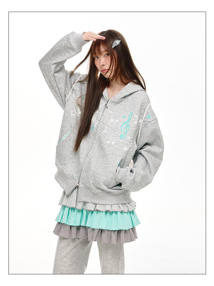 Gray Melody Polka Dot Graphic Zip Hoodie