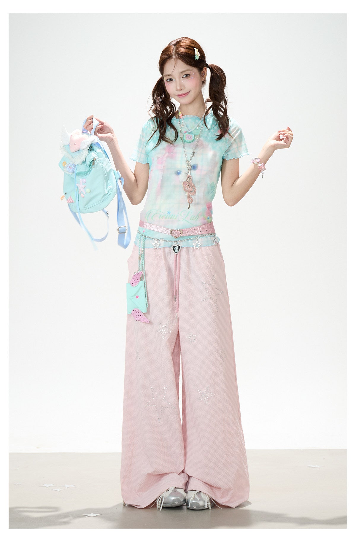 Pastel Cat Mesh Tee & Pink Star Wide-Leg Pants