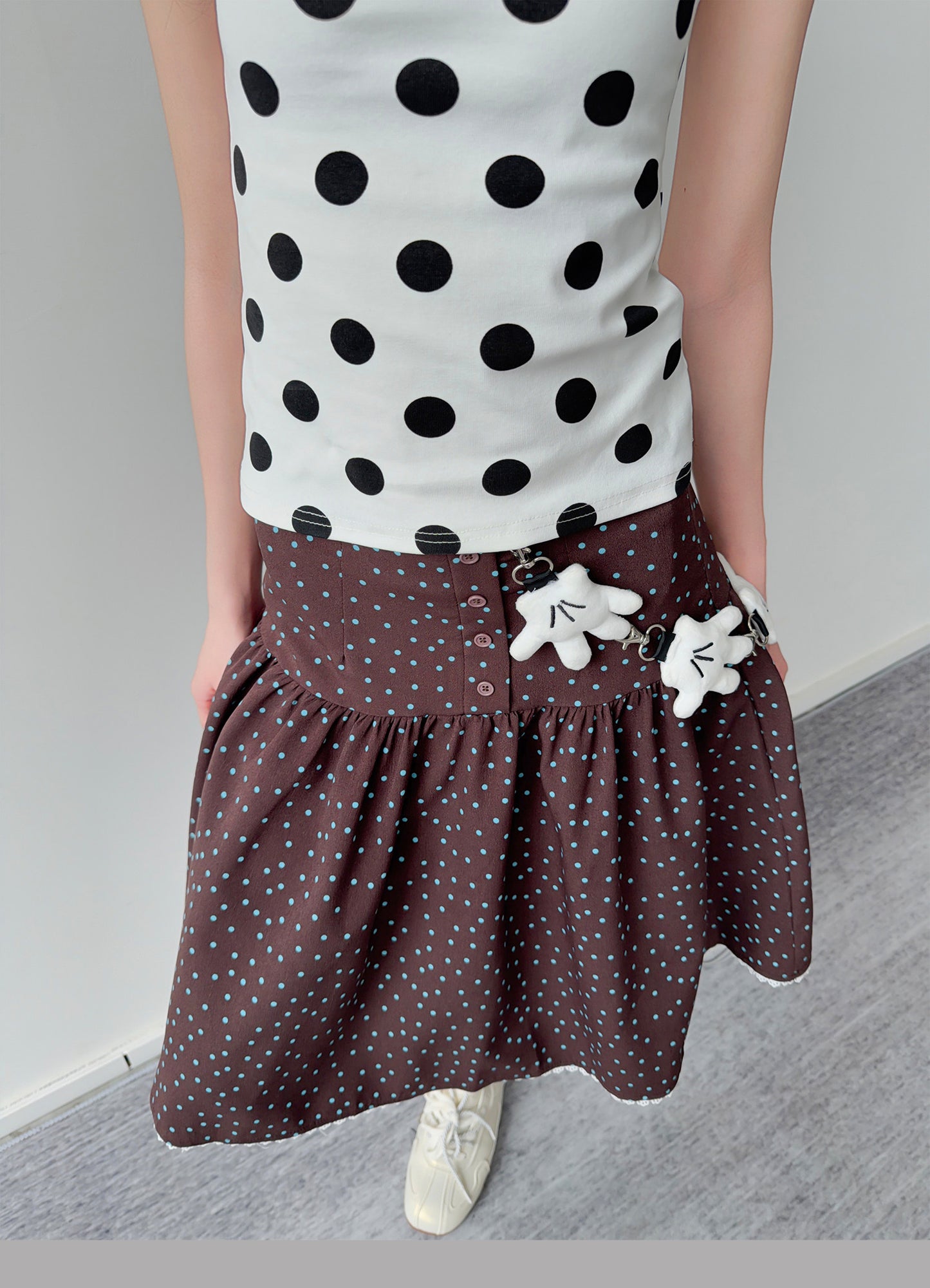 Polka Dot Button Tiered Midi Skirt