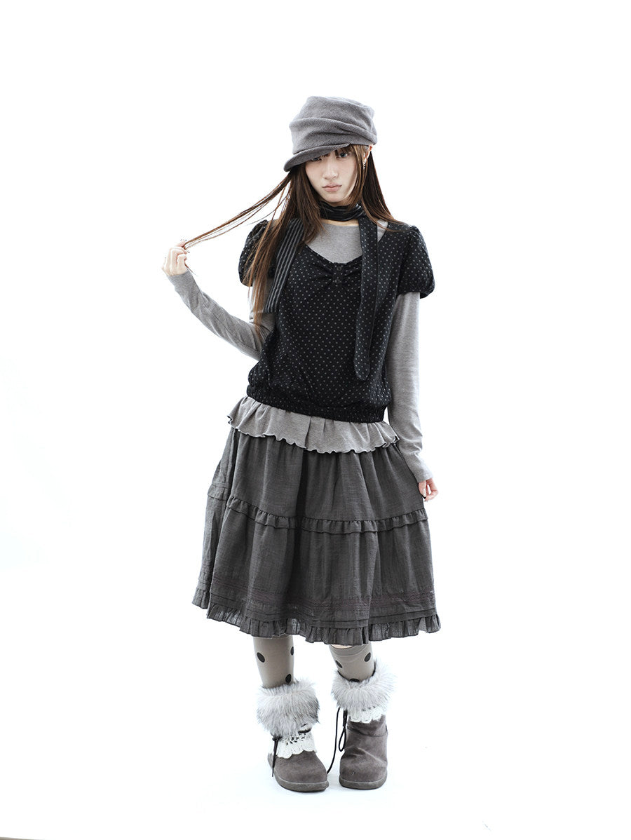 Polka Dot Layered Two-Piece Top Set with Scarf