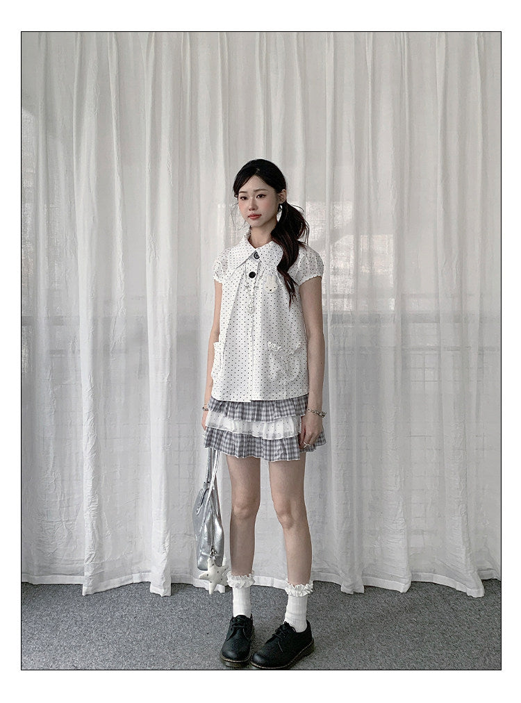 Polka Dot Bunny Patch Puff-Sleeve Shirt